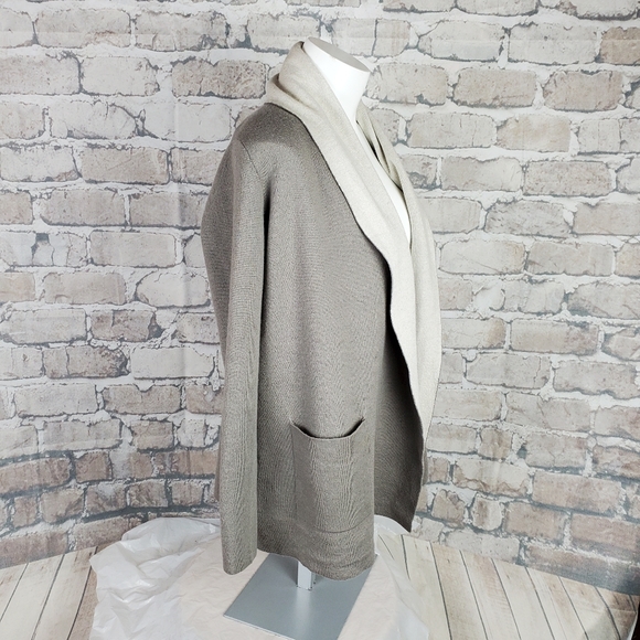 Babaton Fine Merino Wool Cardigan Shawl Collar Taupe Cream Patch Pockets XS - Picture 3 of 10